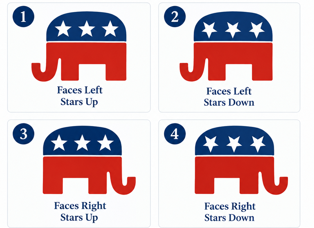 Four Republican elephant variations: facing left or right, with three stars pointing up or down